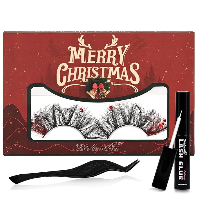 Veleasha Christmas LE Lashes Dramatic Eyelashes with Diamonds Cat Eye Lashes Colored False Eyelashes Fluffy Faux Mink Lash with Glue & Tweezers Look Like Lash Extensions (Christmas LE)