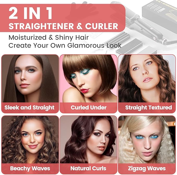 Hair Crimper for Women - Ceramic Waver Hair Tool with 4-in-1 Flat Crimping Iron Plates, 15s Fast Heating, Volumizing Hair Crimper, for All Hair Types - Black