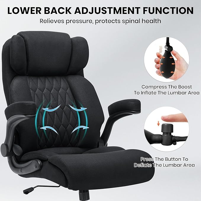 500lbs Big and Tall Office Chair Adjustable Lumbar Support for Back Pain, Extra Wide Seat Executive Office Chair Thick Armrest Pad, Heavy Duty Base&Upgraded Wheels, Ergonomic Comfy Computer Desk Chair