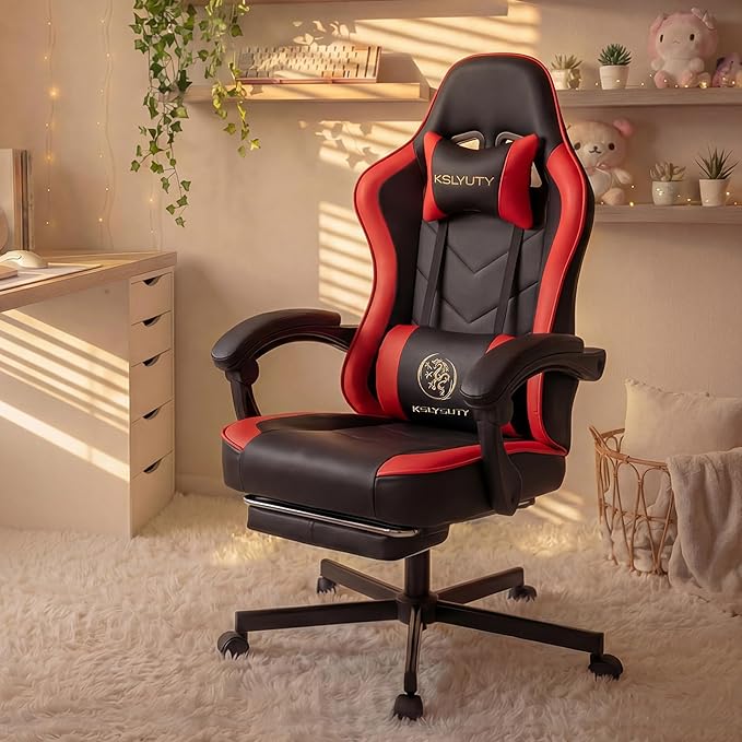 Office Chair Breathable Leather with Pocket Spring Cushion, Wide and High Ergonomic Computer Gaming Chair with Headrest and Footrest for Adult and Teen, Black and Red