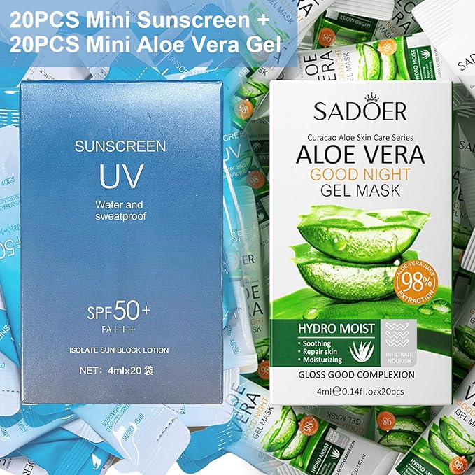 20PCS Mini Sunscreen & 20PCS Mini Aloe Vera Gel - Travel Size Bulk Sunscreen & Aloe Vera Gel (4ml Each), Lightweight & Non-Greasy & Hydrating, Perfect for Outdoor Party, Thank You Gifts, Daily Use