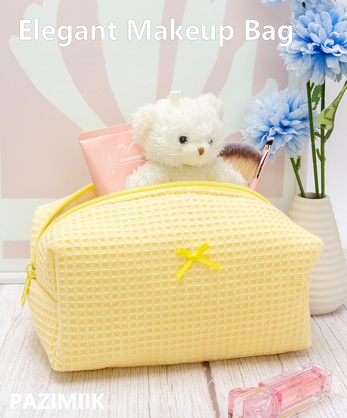 PAZIMIIK Cozy Makeup Bag Travel Cosmetic Bag for Women Soft Toiletry Bag Aesthetic Makeup Organizer Portable Large Zipper Pouch for Skincare Beauty Accessories Brushes Waffle Check Yellow