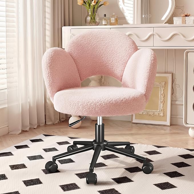 Petal Vanity Chair with Wheels, Cute Desk Chair with Back, Height Adjustable & Lumbar Support, Small Office Chair for Study, Makeup & Relaxation, Pink