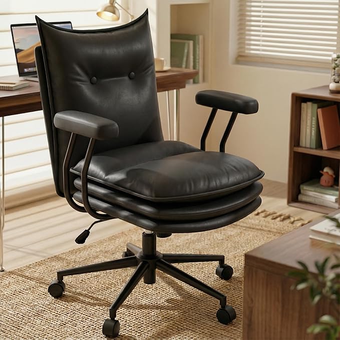 Black Office Chair with Triple-Layers Thicken Wide Seat, Mid Back Leather Desk Chair with Wheels and Arms, Mid-Century Modern Computer Chair for Home Office