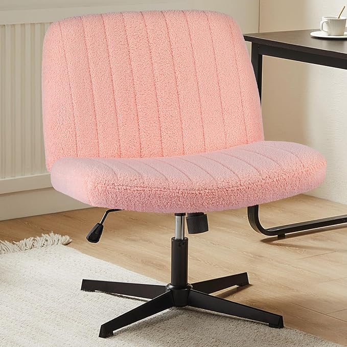 Sweetcrispy Criss Cross Chair Legged, Armless Office Wide Desk Chair No Wheels, Swivel Vanity Height Adjustable Fabric Modern Computer Task Seating for Home - Teddy Pink