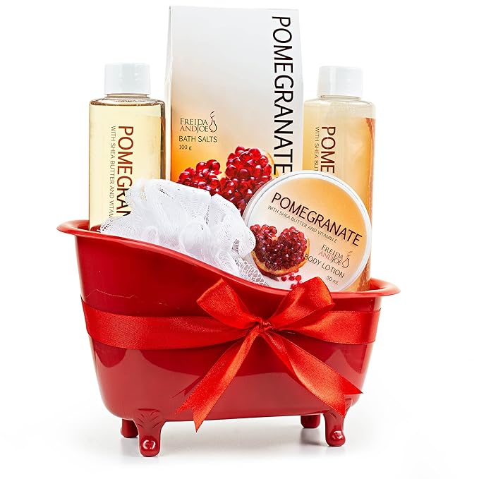 Red Pomegranate Home Spa Bath Basket - Bath & Body Set For Women - Contains Shower Gel, Bubble Bath, Body Lotion, Pomegranate Bath Salt & Pouf in Red Tub Gift – Mother's Day Gift for Mom
