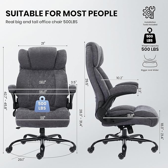 500lbs Big and Tall Office Chair Adjustable Lumbar Support for Back Pain, Extra Wide Seat Executive Office Chair Thick Armrest Pad, Heavy Duty Base&Upgraded Wheels, Ergonomic Comfy Computer Desk Chair
