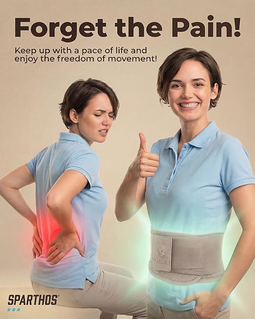 Sparthos Back Brace for Lower Back Pain - Immediate Relief from Sciatica, Herniated Disc - Lumbar Support Pad - For Home & Lifting At Work - For Men & Women - Fits 44–52″ Waist (Taupe-L, Check Sizing)