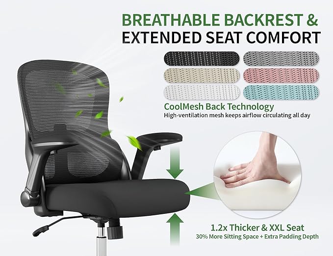Office Chair Ergonomic Desk Chair Comfy: 400LBS Mesh Computer Chair Ergonomic Gaming Chairs with Wheels Adjustable Lumbar Support and Flip up Armrest-Swivel Executive Chairs Long Hours(Full Black)