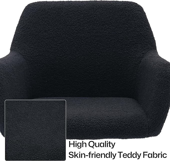 Faux Fur 360°Swivel Desk Chair, Modern Height Adjustable Home Office Armchair with Golden Base for Teens Women Girls, Upholstery Computer Chair for Home Studios, Sherpa & Black