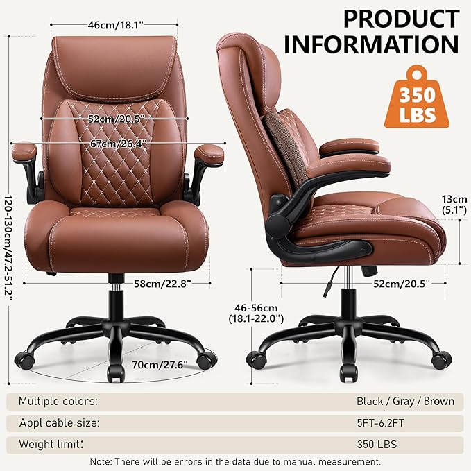 Office Chair,Ergonomic Office Chair with Lumbar Support for Lower Back Pain Relief, Executive Leather Chair with Padded Flip-up Arms, Wheels and Adjustable Armrests, Brown Pack of 2