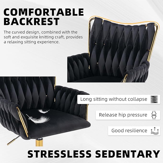 Westice Velvet Desk Chair, Home Office Gold Comfy Chair with Hand Woven High Back, Height Adjustable Swivel Chair with Comfy Upholster for Makeup Vanity Living Room Bedroom, Black