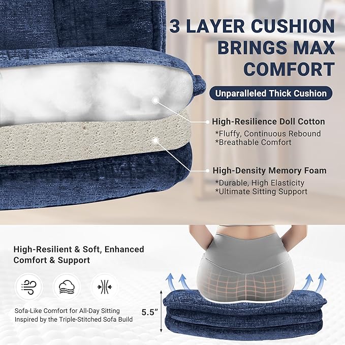 Criss Cross Chair with Wheels and Flip Arms, Upholstered Cross Legged Office Chair with 3 Layer Cushions&Dynamic Airbag Lumbar Support, Wide Seat Comfy Desk Chair for Home Office, Living Room, Navy