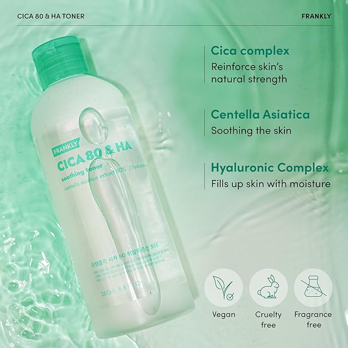 FRANKLY CICA 80 & Hyaluronic Acid Toner - Soothe, Hydrate & Balance | Madecassoside Toner | 80% Centella Asiatica & Hyaluronic Complex (7 Types) | Korean Skin Care | 8.8 fl.oz.