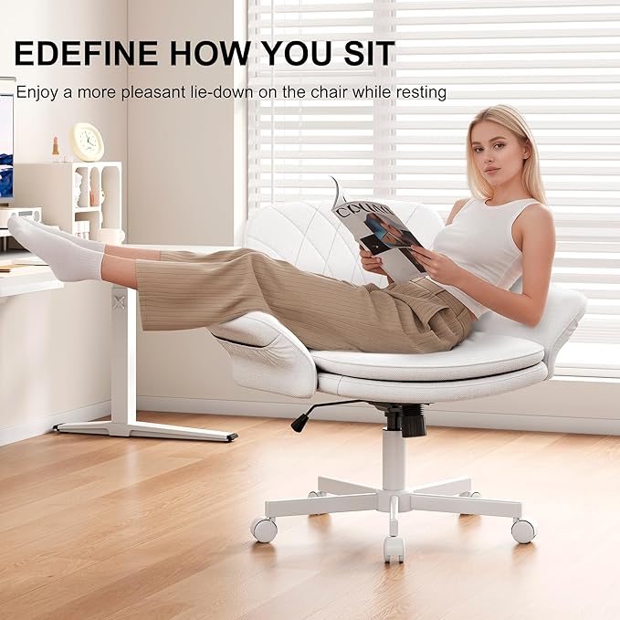 Misolant Fabric Criss Cross Chair with Armrests & Wheels for Cross-Legged Sitting, Comfortable PU Leather Vanity Chair, Office Desk Chairs with Adjustable Rocking Function, for Home, Bedroom White