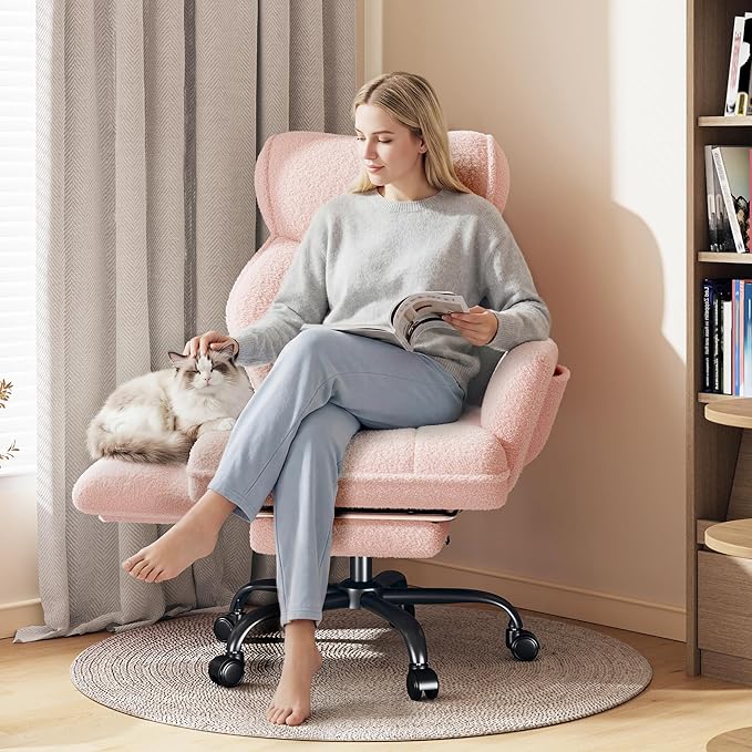 Big and Tall Office Chair with Adjustable Arms and Back, Ergonomic Office Chair with Footrest and Comfortable Fabric for Home Office, Bedroom,Pink