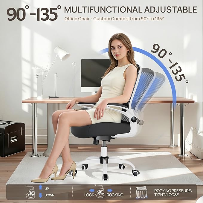 Mimoglad Ergonomic Office Chair - Desk Chair with Flip-up Armrests & 135° Recline, Adjustable Lumbar Support - Space-Saving Task Chair for Business/Team Office & Home (White Frame-Black, 350lbs)