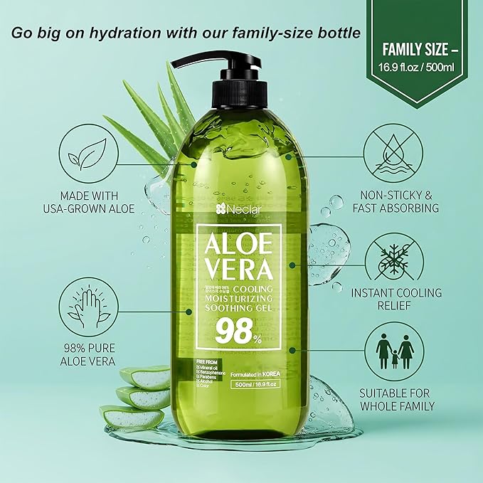 98% Pure Aloe Vera Gel for Sunburn Relief - Big 16.9 oz / 500ml - 98% Pure Aloe Vera - For Face, Skin and Hair - After Sun Care lotion - Sun Burn Moisturizer Cream (16.9 Fl oz)