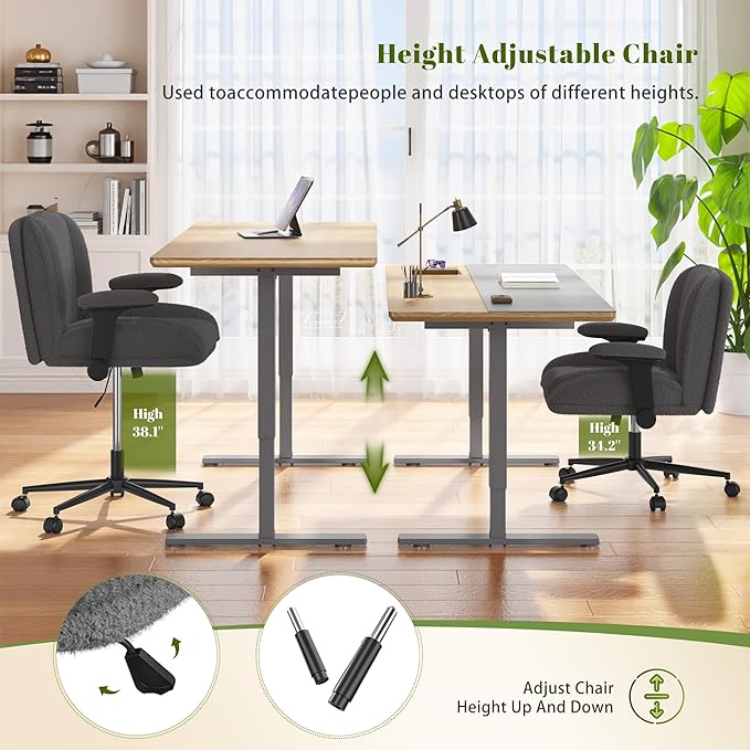 Cross Legged Office Chair with Flip-Up Arms,Oversized Criss Cross Chair with Wheels,Wide & Extra-Deep Seat Thickened for Home Office,Vanity, Bedroom,Apartment Dorms,Plush Cushion,Comfy,Grey