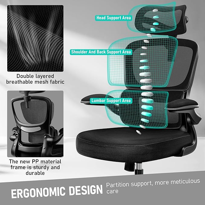High Back Ergonomic Office Chair, Breathable Mesh Desk Chair with Lumbar Support, Adjustable Headrest, Flip-up Armrests, Computer Gaming Chair, (Black, 4Pack)