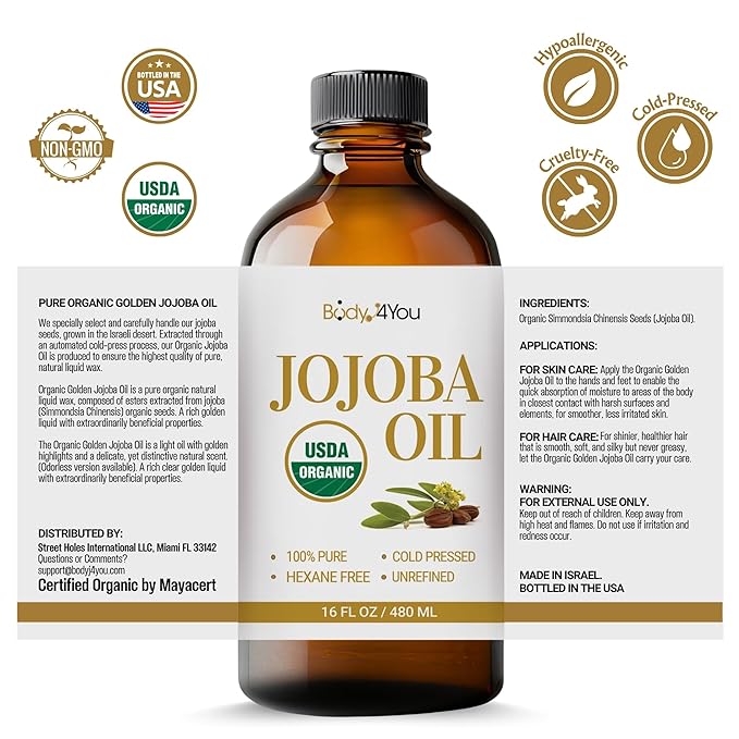 BodyJ4You Jojoba Oil for Face Skin - USDA Organic 100% Pure Cold Pressed - Facial Dermaplane Gua Sha Hair Growth Body Massage DIY - Unrefined Carrier Hexane Free Natural - Bulk Value Size Carrier Wax