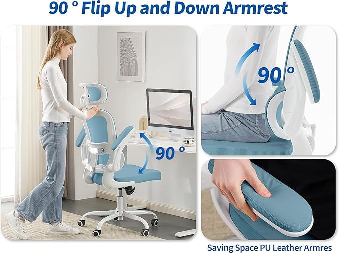 TRALT Ergonomic Office Chair - Desk Chair with Adjustable Headrest Lumbar Support Computer Chair - Mesh Comfy Chair with Flip-up Armrests - Gaming Chairs for Adults Home Office (PU Leather, Blue)