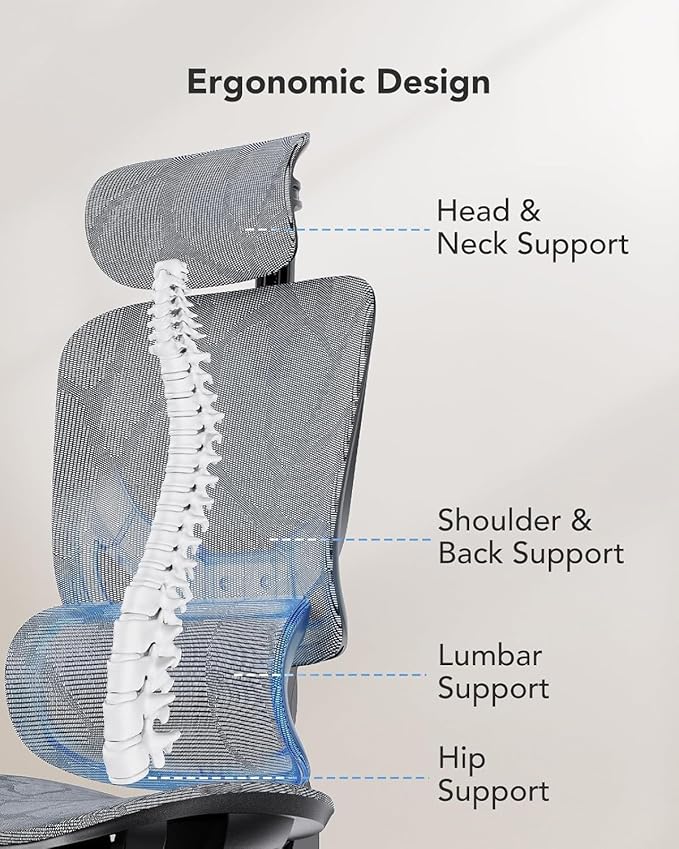 HUANUO Ergonomic Mesh Office Chair with 5-Level Lumbar Support, Computer Gaming Chair with Adjustable Headrest & Armrests, Rocking Tilt, Comfortable High Back Desk Chair for Home Office,8 Pack