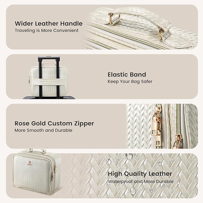 Makeup Bag with LED Lighted Mirror 12.2 IN Cosmetic Train Case Double Layer Makeup Case Adjustable Brightness in 3 Colors Cosmetic Organizer Artist Storage with Brush Holder Vanity Beige