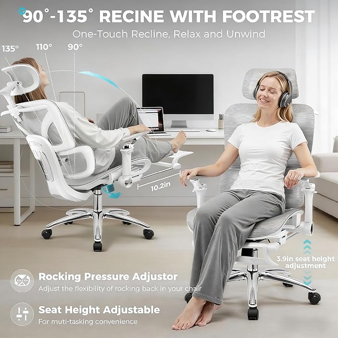 Ergonomic Mesh Office Chair with Footrest, Big and Tall Home Desk Chair with 5D Flip-Up Arms, Adjustable Lumbar Support, Gaming & Executive Computer Chairs, Grey