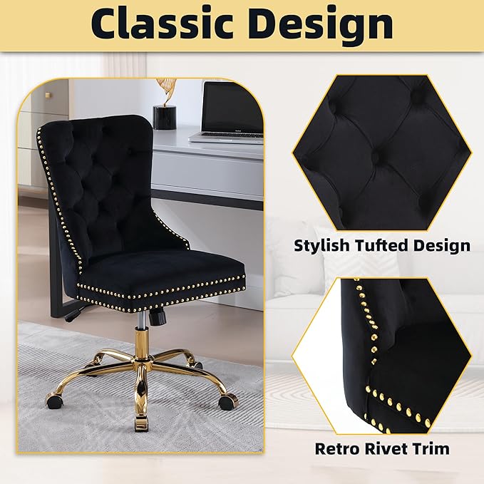 Velvet Desk Chair with Wheels, Gold Office Chair Armless Swivel Chair with Tufted High Back Rivet Trim, Comfy Upholstered Ergonomic Computer Chair for Bedroom, Black