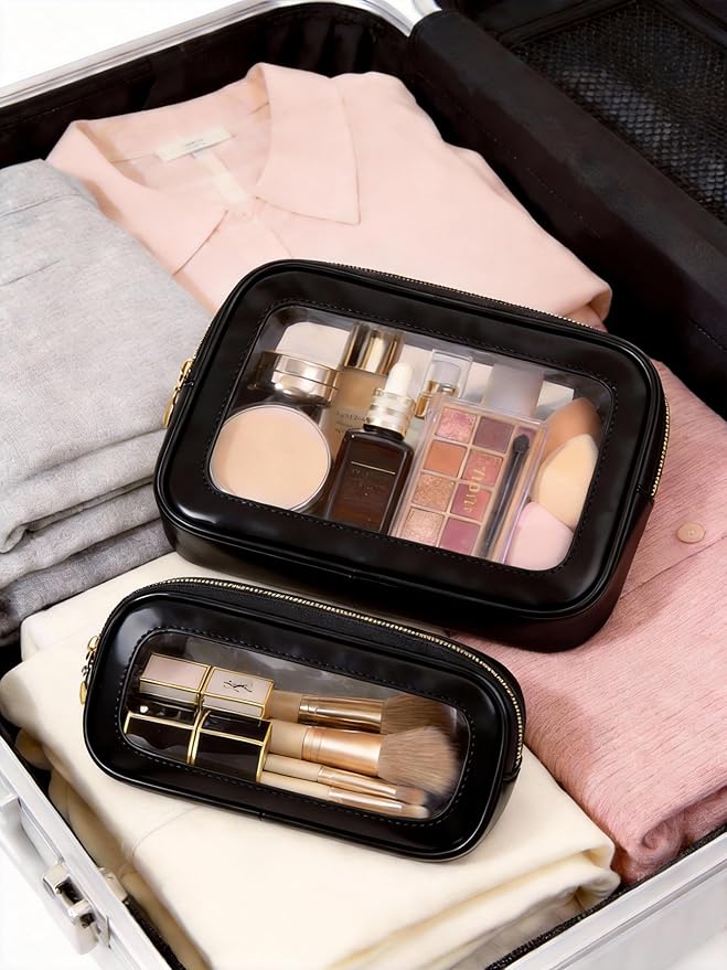 2Pcs Clear Makeup Bags Set, Clear Travel Makeup Brush Holder Leather Makeup Case Toiletry Bag with Zipper Portable Cosmetic Pouch Waterproof Makeup Brush Storage Bag Car Bag for Essentials (Black Set)