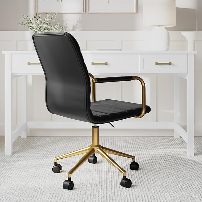 Martha Stewart Taytum Swivel Task Chair with Armrests for Home Office in Black Faux Leather with Polished Brass Frame