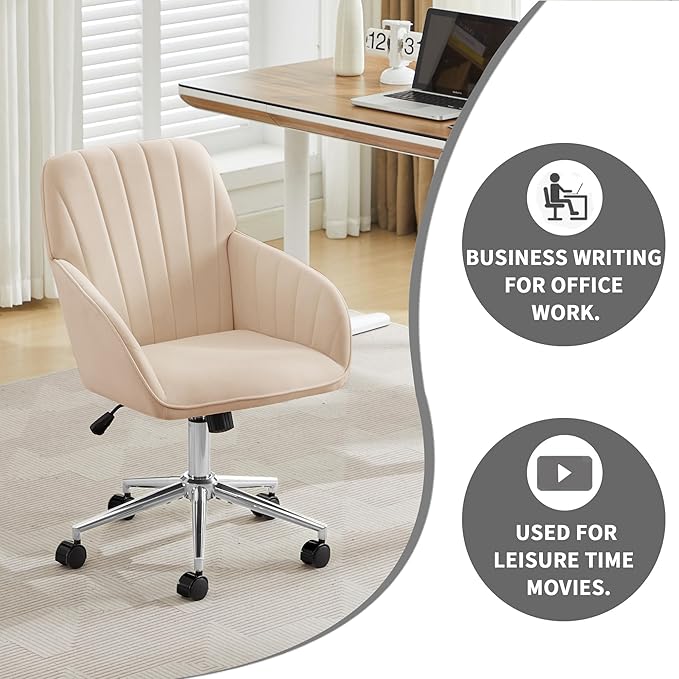 YITAI Velvet Office Desk Armchairs with Silver Base and Wheels,Modern Height Adjustable 360 Degree Swivel Upholstered Vanity Chairs for Living/Room Bedroom/Study,Khaki