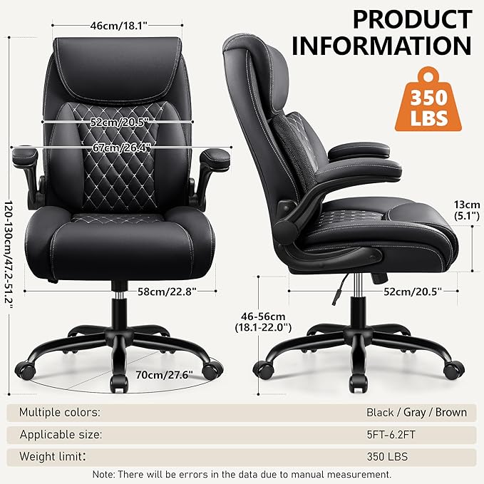 Office Chair,Ergonomic Office Chair with Lumbar Support for Lower Back Pain Relief, Executive Leather Chair with Padded Flip-up Arms, Wheels and Adjustable Armrests, Black Pack of 4