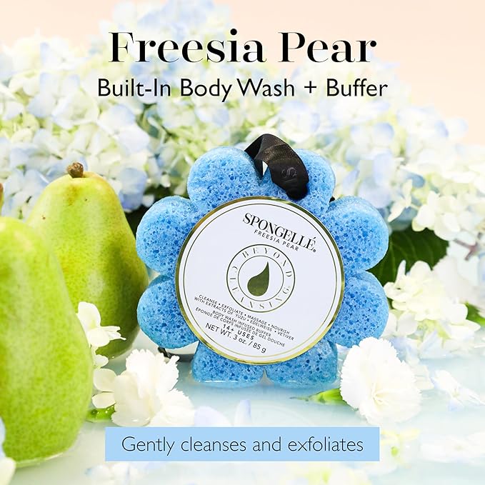 Spongellé Freesia Pear Wild Flower Bath Sponge | Built-in Body Wash & Body Scrubber, Shower Loofah Sponge for Women | 14+ uses