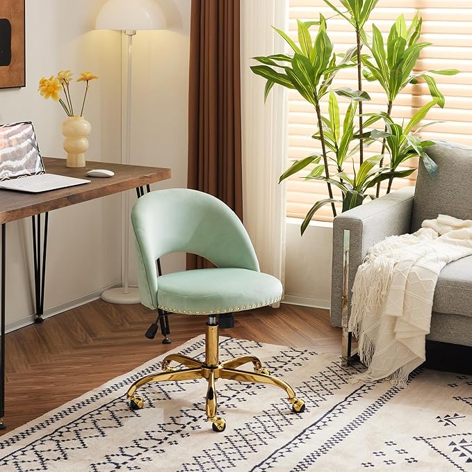VINGLI Modern Velvet Small Office Chair,Cute Desk Chair with Wheels,Gold Base/Studs, Comfy Armless Swivel Vanity Task Chair for Women/Girl/Kids, Nail Tech Chair for Bedroom,Small Space,Mint Green