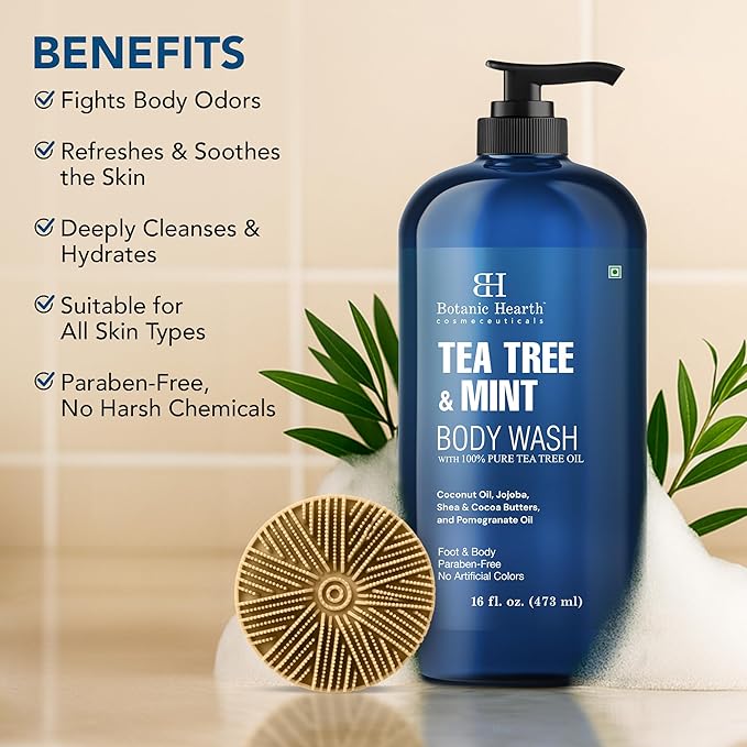 Botanic Hearth Tea Tree & Mint Body Wash with Silicone Dual-Sided Design Body Brush & Scrubber | Infused with 100% Pure Tea Tree Oil, Coconut, Jojoba |Foot & Body Cleanser | Paraben Free |16 fl oz