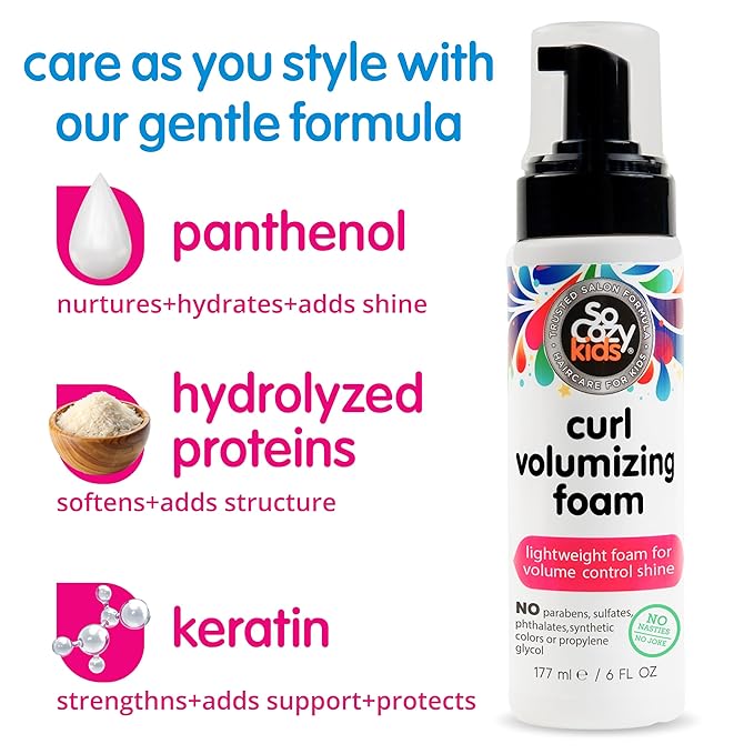 SoCozy Hair Mousse for Kids,Curl Volumizing Foam Mousse for Curly Hair (6 Fl Oz) Enhances Shine & Volume,Gentle Formula with Panthenol,Hydrolyzed Proteins & Keratin,Paraben-& Sulfate-Free,(Pack of 2)