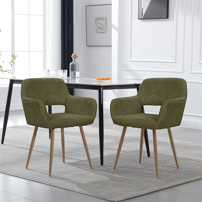KCC Small Modern Dining Room Arm Chairs 1 Piece, Mid-Century Upholstered Corduroy Fabric Side Seat Club Guest with Metal Tube Legs for Kitchen, Living Room, Green