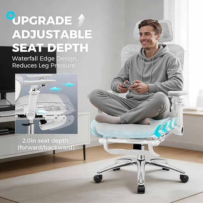 Ergonomic Mesh Office Chair with Footrest, Big and Tall Home Desk Chair with 5D Flip-Up Arms, Adjustable Lumbar Support, Gaming & Executive Computer Chairs, Grey