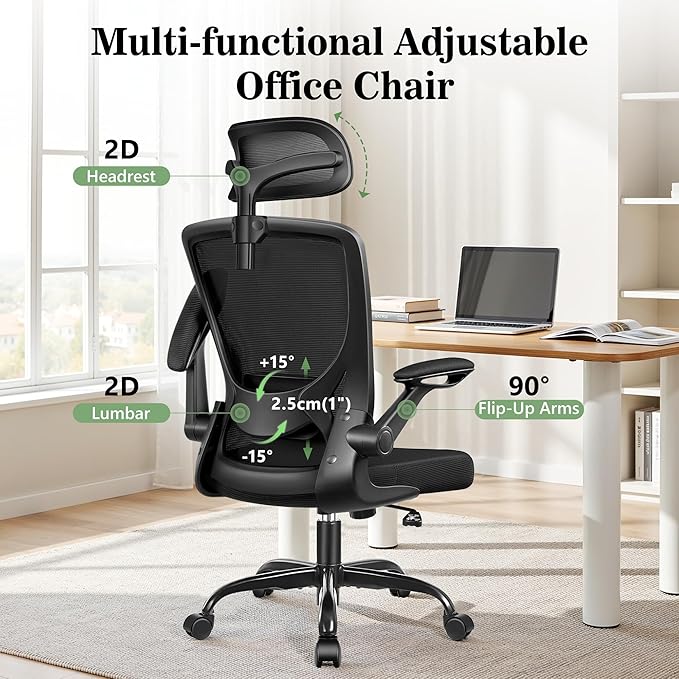 Ergonomic Office Desk Chair Comfy, High Back Mesh Office Desk Chairs with Adjustable Lumbar Support, Headrest, Flip-up Armrests, Home Computer Chair for Gaming, Work, 4 Pack