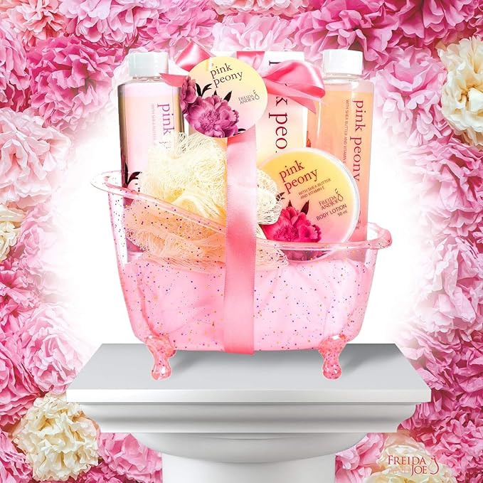 Home Spa Gift Basket Peony Spa Set For Women, Contains Shower Gel, Bubble Bath, Body Lotion, Peony Bath Salt & Puff in a Pink Feminine Tub – Mother's Day Gift for Mom