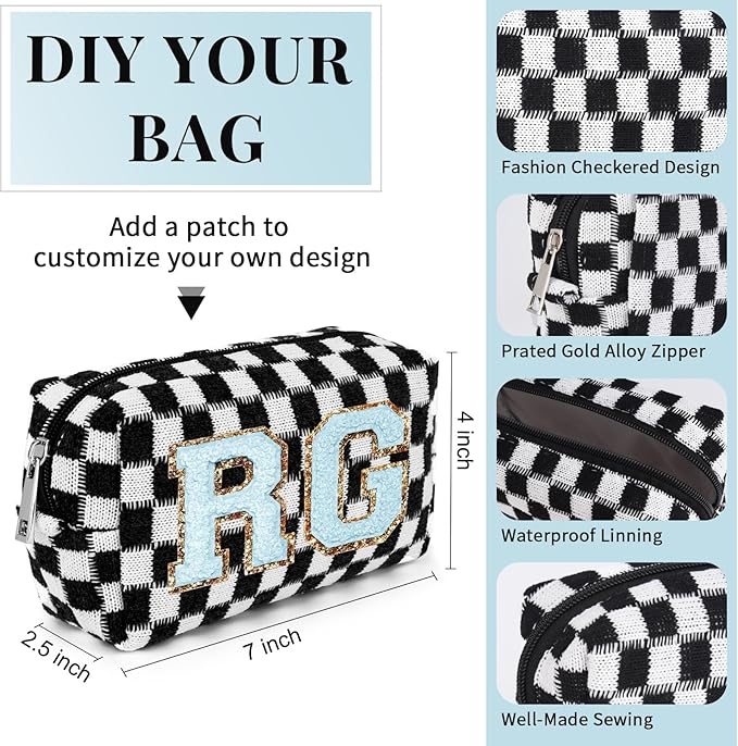 SOIDRAM Checkered Makeup Bag Preppy Cosmetic Bag Bulk Black Makeup Pouch Personalize Travel Toiletry Bag Organizer Cute DIY Makeup Brushes Storage Bag for Women