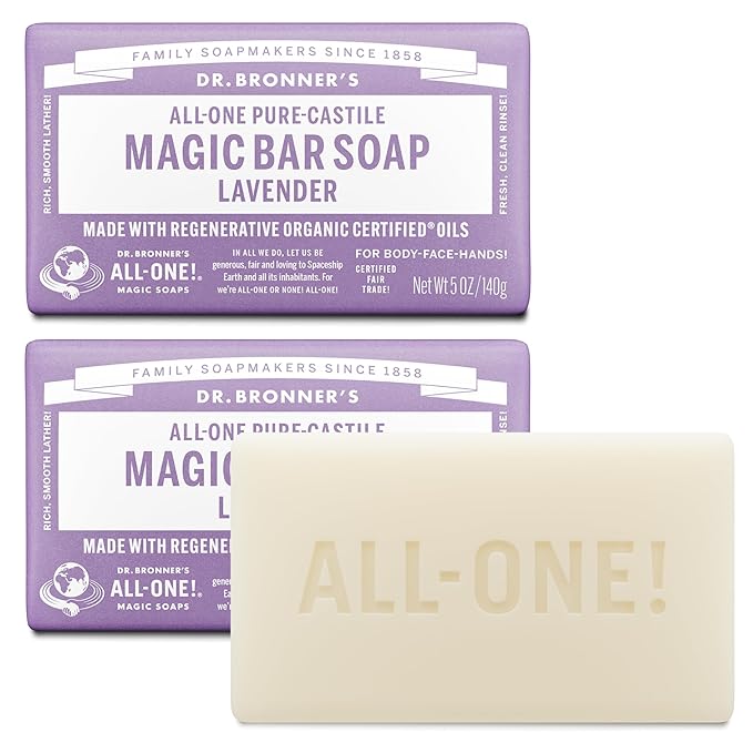 Dr. Bronner's Pure-Castile Magic Bar Soap - Made with Regenerative Organic Certified Oils - For Face, Body, Hair- Gentle on Sensitive Skin - Vegan Soap Bars for Men & Women - Lavender, 2 Pack, 5oz