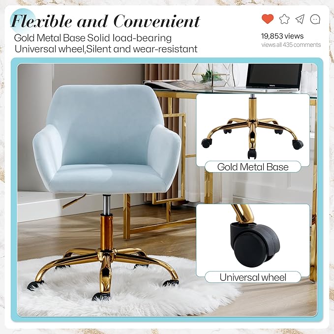 Faux Fur 360°Swivel Desk Chair, Modern Height Adjustable Home Office Armchair with Golden Base for Teens Women Girls, Upholstery Computer Chair, Velvet & Light Blue