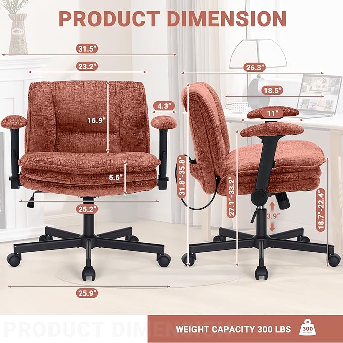 Criss Cross Chair with Wheels and Flip Arms, Upholstered Cross Legged Office Chair with 3 Layer Cushions&Dynamic Airbag Lumbar Support, Wide Seat Comfy Desk Chair for Home Office, Living Room, Orange