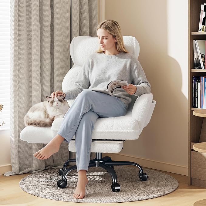 Big and Tall Office Chair with Adjustable Arms and Back, Ergonomic Office Chair with Footrest and Comfortable Fabric for Home Office, Bedroom,White