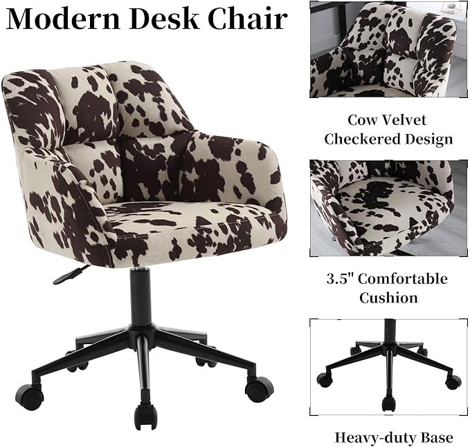 Cow Print Chair Modern Velvet Office Desk Chair with Armrest, Height Adjustable Wide Seat Computer Task Chair for Home Office, Mid Back Accent Chair, Cow