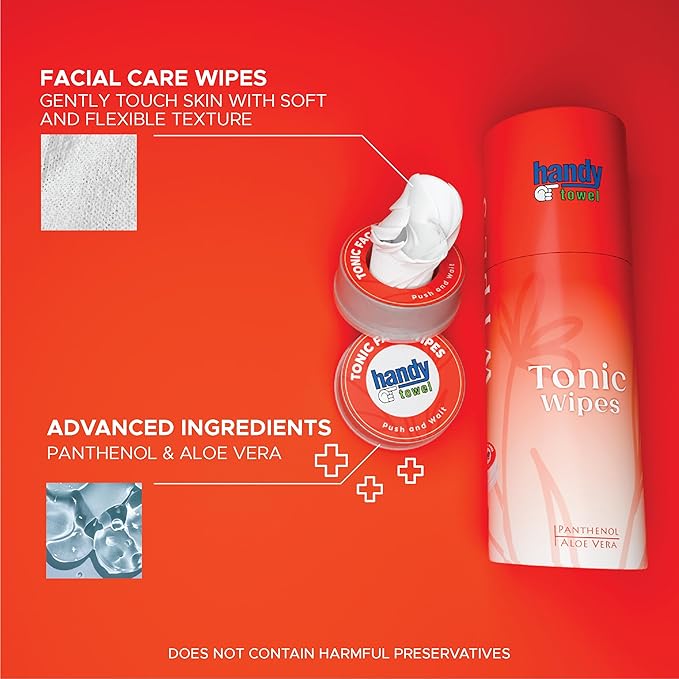 Handy Towel Facial Aloe Vera Facial Toner Wipes, Travel-Size Cleansing Wipes for All Skin Types, Panthhenol Toner Individually Wrapped Towel, Refreshing & Hydrating, 8 Count