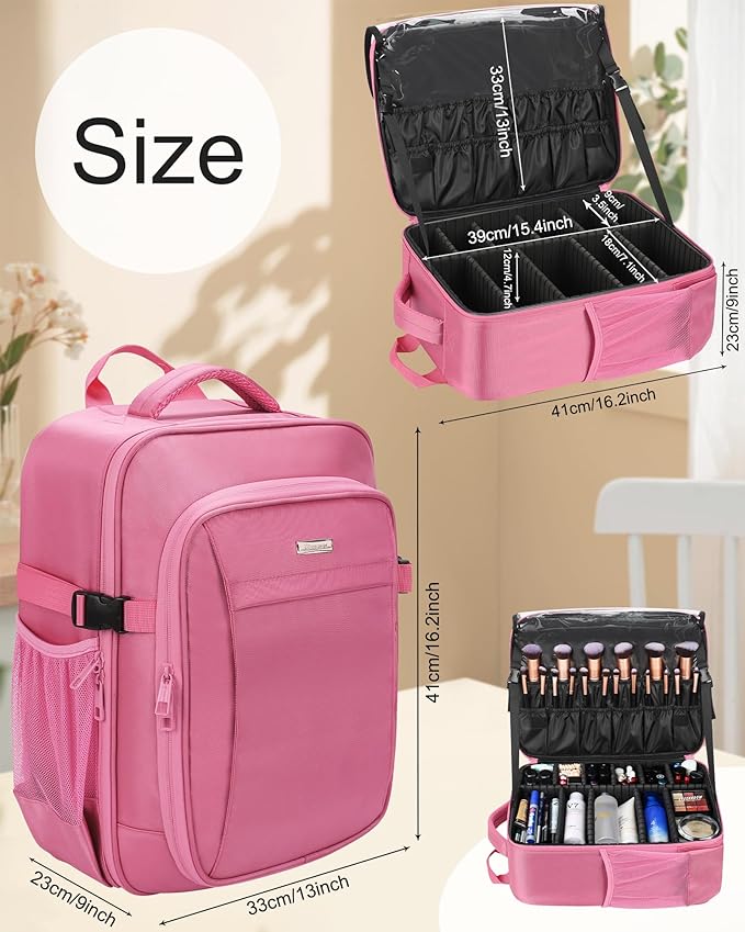 Relavel Makeup Backpack, Professional Travel Train Case Makeup Artist Kit Set Bag for Women Extra Large Cosmetic Organizer, Brush Storage Holder, with Adjustable High Dividers, Rose Pink